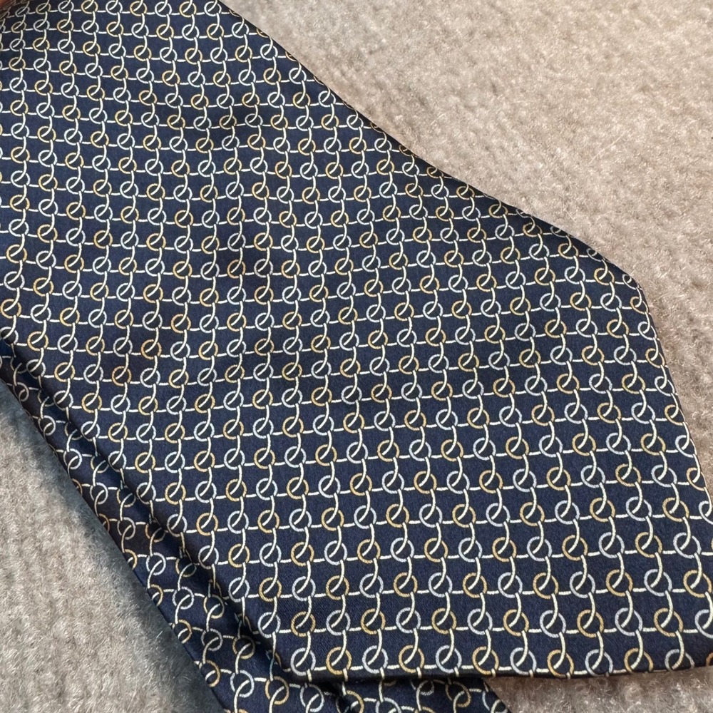 Louis Feraud Silk Tie Mens OS Blue Gold Chain Link Geometric Career Classic